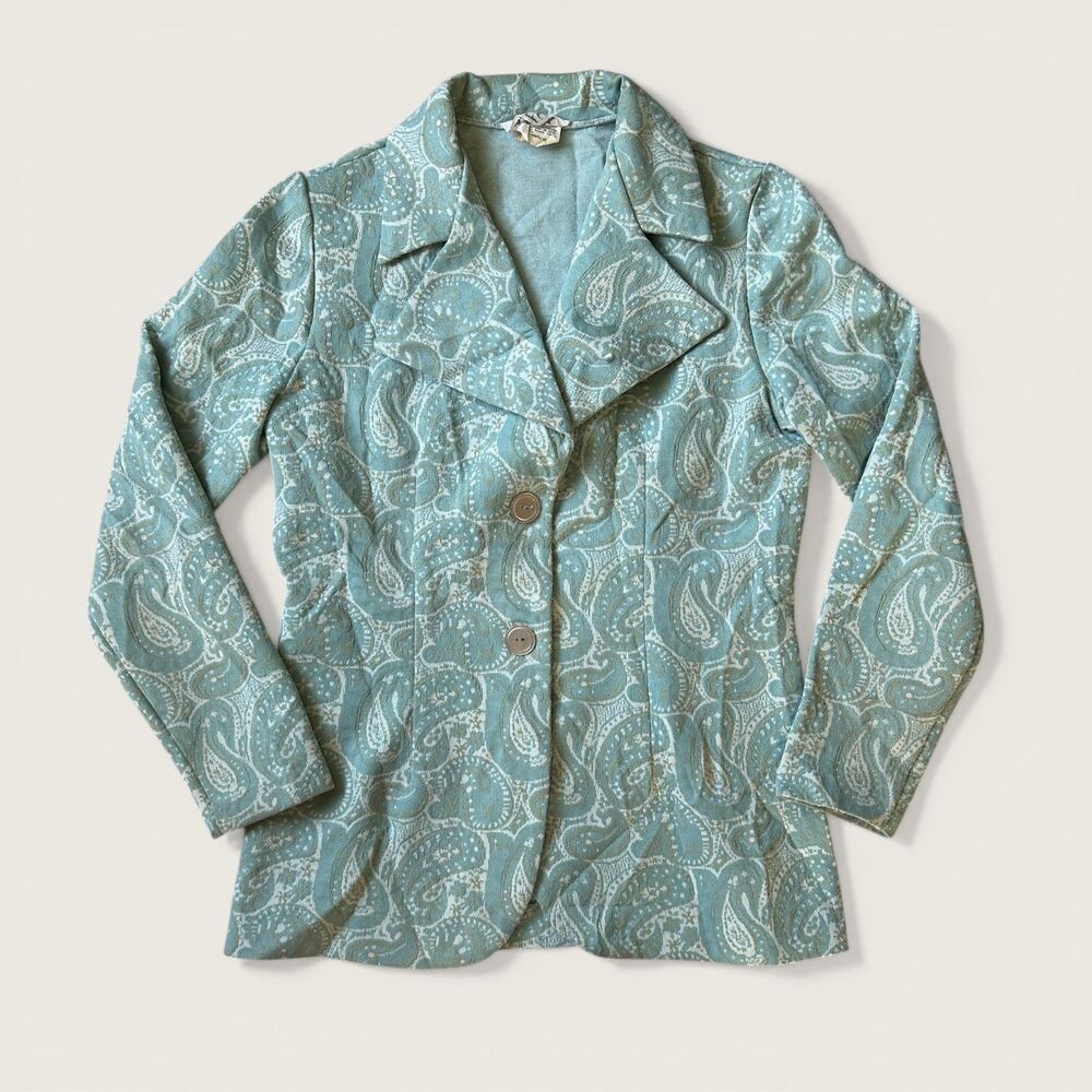 Vintage 70s Arlene Andrews Paisley Blazer Union Made Blue Teal